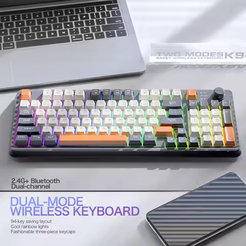 K94 Wireless Gaming Keyboard, BT 5.0/2.4GHz With Dual Mode 2-in-1 Receiver, 95 Keys TKL Rainbow LED 