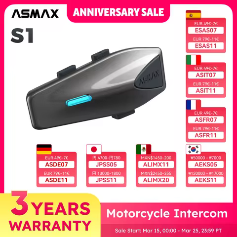 ASMAX S1 Bluetooth Motorcycle Intercom 8 Riders Communication Headset with FM & ENC Mic, Voice Contr