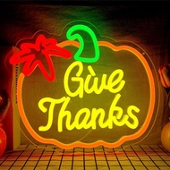 Thanksgiving Neon Sign Pumpkin Neon Signs Dimmable Fall Neon Sign for Wall USB Power Give Thanks Sig