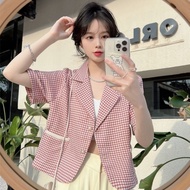 Houndstooth Short-Sleeved Blazer Women Thin Style Temperament French Chanel Style Short Small Suit Casual Top