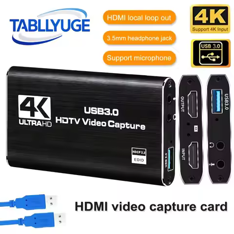 TABLLYUGE 4K USB 3.0 HDTV Video Capture Card HDMI-compatible Video Recorder Grabber For PC PS4 OBS G