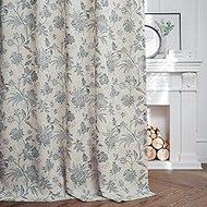 jinchan Linen Floral Curtains for Living Room, 96 Inches Long Curtains with Printed Flower Light Filtering Curtains, Rod Pocket Back Tab Blue Window Curtain Set Bedroom Curtains, 2 Panels Blue