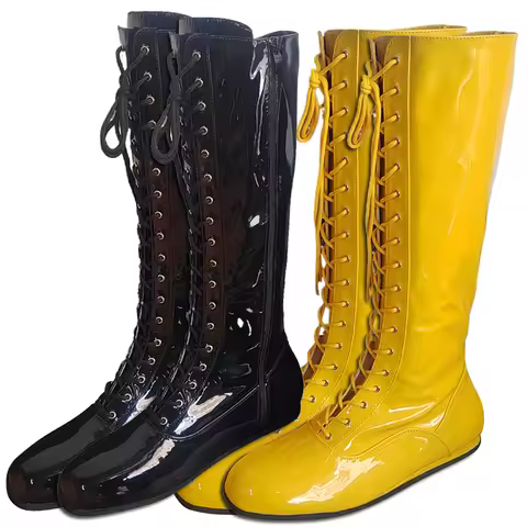 Hulk Hogan Boots Yellow Pro Wrestling Lace Up Boots Motorcycle Boots Black Costume Mens Wrestling Sh