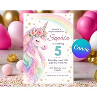Unicorn Birthday Invitation | Pastel Rainbow | Editable Canva Template | Digital Download