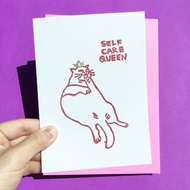 Hand-printed greeting card - Self care queen white cat greeting card