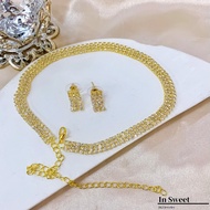 2in1 Gold 3-Row Zirconia Kwintas Hikaw Set Stainless Steel Adjustable Pang Party