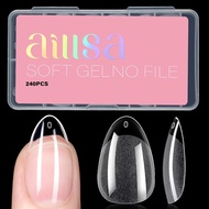 AILLSA Short Almond Nail Tips Pre-Shaped Acrylic Nail Tips Half Matte Full Cover Nails Tips Clear Ge