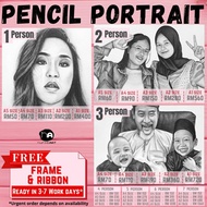 FREE FRAME & RIBBON - Lukisan Potret (Pensel) 100% Lukisan Tangan (Hand-Made) |Pencil Portrait Drawi