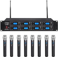 Pyle Professional 8 Channel UHF Wireless Microphone System 8 Handheld Mics Rack Mount Receiver Base RF &amp; AF Radio/Audio Frequency Digital Display Independent Channel Volume Control (PDWM8250),Black