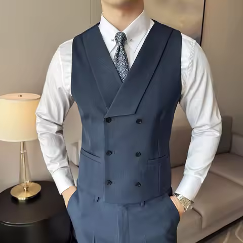 ( Vest + Pants) Double Breasted Stripe Suit Vest With Pants New Men Fashion Slim Business Casual Wed