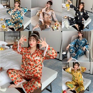 🔥Borong Wanita Baju Tidur Silk Quality women female Pyjamas Long Sleeve Sleepwear Loose Home Pajama Set