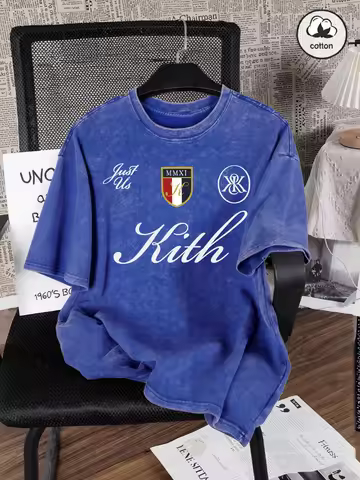 Just Us Kith Art Letter Printing Washed T-Shirt Men'S Cotton Oversized T Shirts Casual O-Neck Distre