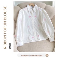 KATUN KEMEJA (READY TO SHIP) RIBBON POPLIN BLOUSE OFF WHITE SIZE M by Edmee | POLYN COTTON EMBROIDER