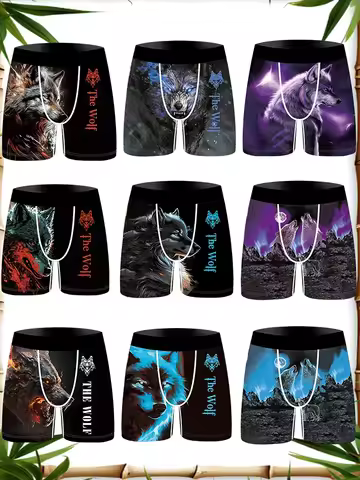 3D Hungry Wolf Printed Trendy Men's Briefs Ice Silk Youth Animal Printed Comfortable and Breathable 