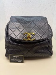 chanel 香奈兒 黑卡3開 中古黑金貝嫂大金扣雙肩背包 30cm