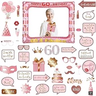 60th Birthday Decoration Men Women, Rose Gold 60th Birthday Inflatable Photo Frame & 40Pcs Photo Pro