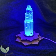 White Selenite Tower Lamp on Wooden Lotus Flower Led Base Colourful Lightting Healing Light