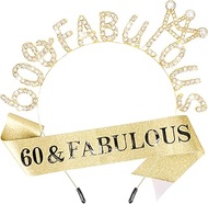 Aprince 60th Birthday Sash and Crown 60th Birthday Decorations for Her Gifts for Women Gold 60 & Fab