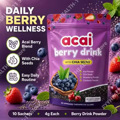 Acai Berry Powder Supplement Daily Wellness with Chia Seeds Strawberry Cranberry for Adults 10 Sache