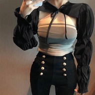 Áo Crop Top Tay Dài Phồng Cổ Áo Choàng Đen Thiết Kế Tay Phồng Ôm Sát