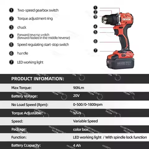 5203-Li-20 DEVON Other Electric Drills Cordless Power Drill Machine 20V Battery Operated Hand Drill