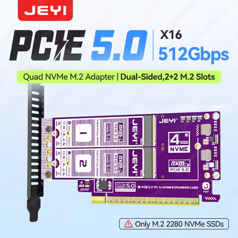 JEYI PCIe 5.0 X16 Quad M.2 Expansion Card 512Gbps Support RAID Dual-Sided Slot Adapter Card 8TB per 
