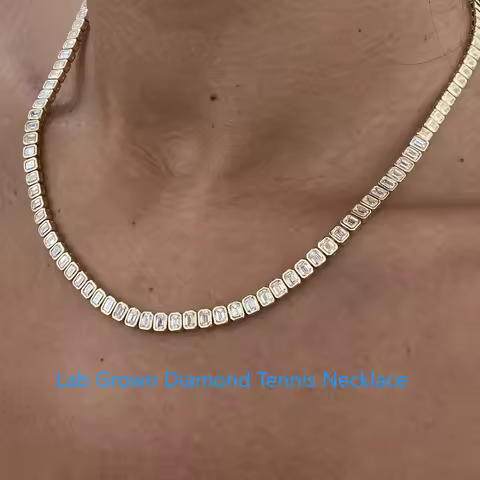 14K Yellow Gold CVD HPHT Diamond Tennis Necklace Emerald Cut DEF VS-VVS Lab Grown Diamond Bezel Sett