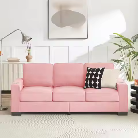 83.86" 3-Seater Upholstered Snowfleece Sofa w/ 2 Cup Holders Living Room Apartment Office Pink Velve