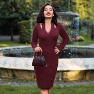 Retro Elegant Women Angora Blend Knitted Sleeveless Bodycon Ruched Midi Dress, Crimson Fall Women Cl