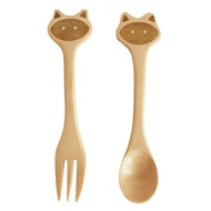 日本 SPICE｜PETIT'S MAMAN／兒童 天然木頭叉子＆湯匙套組－貓咪