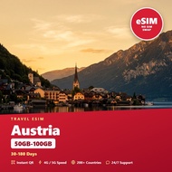 Austria Travel eSIM 50GB-100GB 30-180 Days Prepaid Data SIM