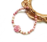 超美粉色薔薇輝石牡丹花x鑽石切面薔薇輝石x淡水珍珠黃銅手鍊