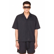 Cuban collar boxy short SHIRT - BEUTER EMBROIDERED BUTTON UP SHIRT - BLACK