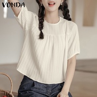 VONDA เสื้อผู้หญิงแขนพัฟเสื้อยืดคอกลมมินิมอลลิสต์แขนสั้นเสื้อสีพื้น (ลำลองเกาหลี)