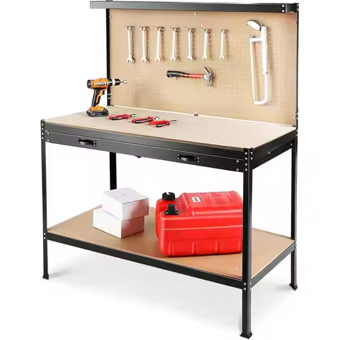 Durable 63 Workbench with Drawers and Pegboard - Garage Storage Bench, Waterproof MDF Top, Portable 