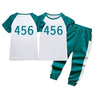 Squid Game Monogram Print 001.456.067.333.T-shirt + Green Pants 2pcs Fashion Casual Short Sleeve Lon