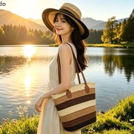 Summer Striped Straw Hat Bag💗Seaside Vacation Woven Bag Large-Capacity New Style Eaves Sunscreen Bea