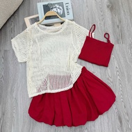 Set 3 Piece bigsize loose form short-sleeved mesh t-shirt with elastic tank top and flared skirt (A3