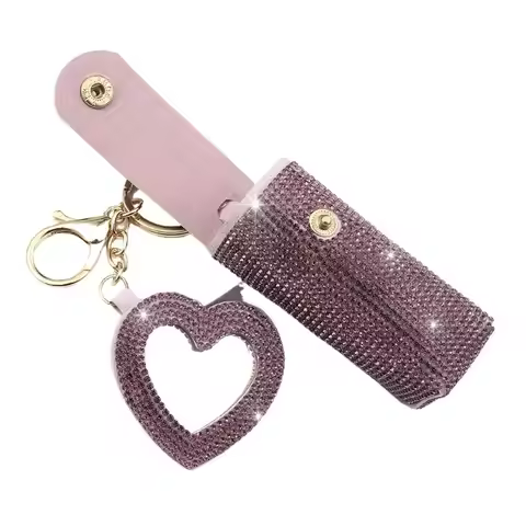 Portable Lipstick Organizer Keychain Bling Rhinestone with Makeup Mirror Rhinestone Lipstick Case Ex
