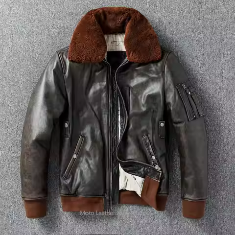 B-15 Flight Jacket Quilted Genuine Leather Coat Marilyn Monroe Style Winter Outwear First Layer Cowh