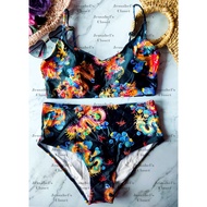 SHEIN Plus Size 0XL Two Piece Black with Colorful Dragon Accents High Waist Bottom Padded Swimsuit