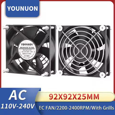 YOUNUON Dual Ball 92mm 9225 EC Brushless Fan AC 110V 115V 120V 220V 240V Axial Fan 92mm x 92mm x 25m