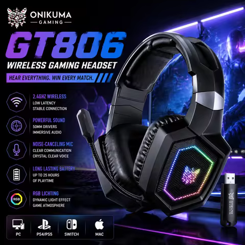 ONIKUMA GT806 2.4GHz Wireless Gaming Headset – HiFi Sound Quality, Noise-Canceling Mic, Comfortable