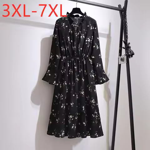 New Autumn Winter Plus Size Dresses For Women Large Loose Long Sleeve Floral Print Flower Chiffon Mi