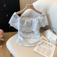 Kiểu Pháp Trễ Vai Cổ Áo Jacquard Eo Xếp Nếp-tied áo cho Phụ nữ mùa hè mới siêu Cổ Tích sang trọng ng