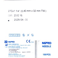 NIPRO MEDICAL NEEDLE 27G x 1 1/4 INCH  (32mm)  100'S  EXPIRY 2028