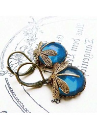 復古金屬蜻蜓耳環青藍色月光石黃銅玻璃圓面寶石復古維多利亞風格女性女孩禮物-藍色