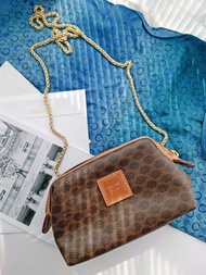 中古包 CELINE 棕花化妝包鏈條包雲朵包斜揹包斜挎包手拿包單肩包