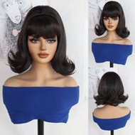 1pc 12-Inch Deep Brown Vintage Wavy Bouffant Wig With Bangs, Heat-Resistant Synthetic Fiber, 60s/70s