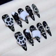 Menhera Y2K Gyaru Black White HelloKitty Long Tip Handmade Press On Nails Jirai 3D Hello Kitty Cat's